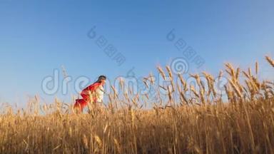 年轻女孩梦想<strong>英雄</strong>主义。 女孩穿着红色雨衣扮演超级<strong>英雄</strong>，在蓝天上沿着黄色的田野奔跑。 开心快乐